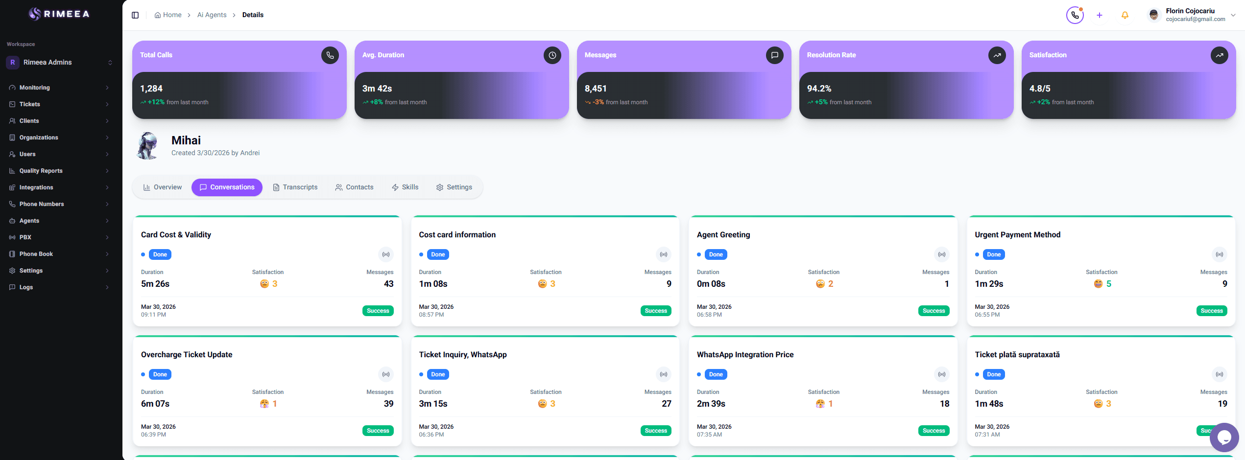 Rimeea Connect · AI Agents Dashboard